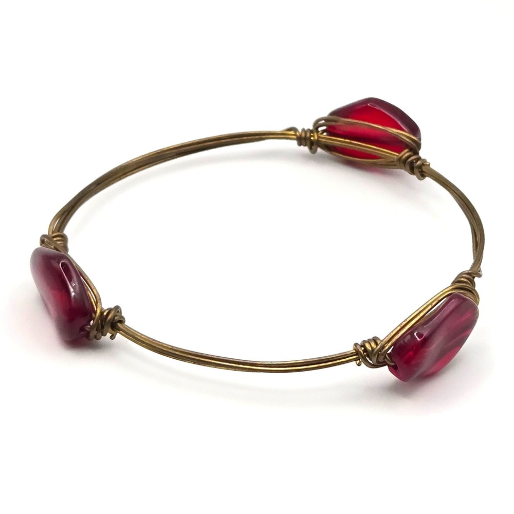 Handmade Red Glass Bead Bangle‎ Bracelet Gold Tone Wire Wrap Boho